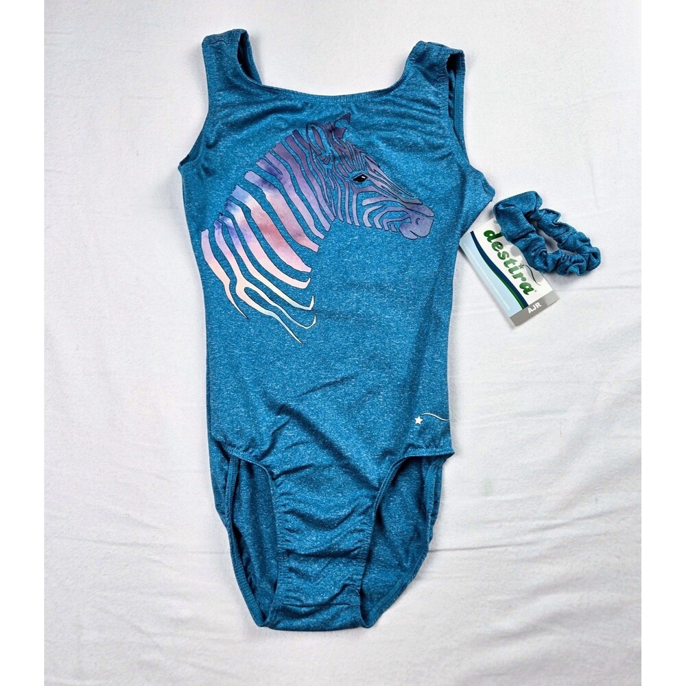 NWT Destira Dharma Zebra Gymnastics Leotard AJR Adult Junior Turquoise Scrunchie